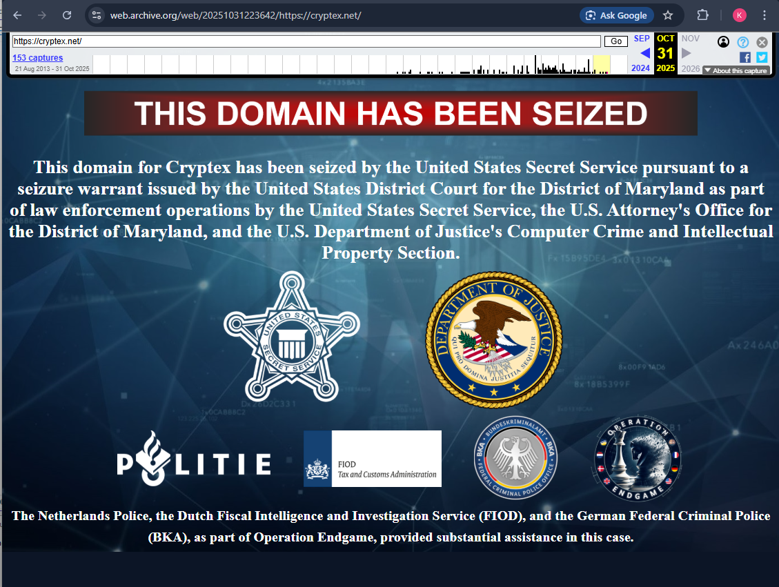 Cryptex.net seizure notice from the U.S. Secret Service / U.S. Attorney's Office for the District of Maryland / Operation Endgame
