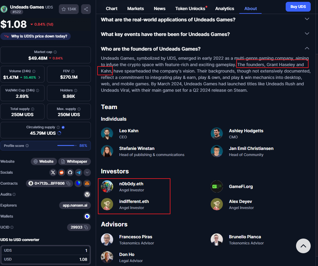 CoinMarketCap profile for undeads.com listing n0b0dy.eth and indifferent.eth as investors