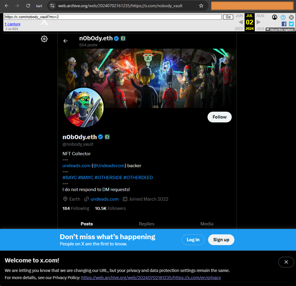 Archive.org snapshot from July 2024 of @nobody_vault X profile referencing undeads.com