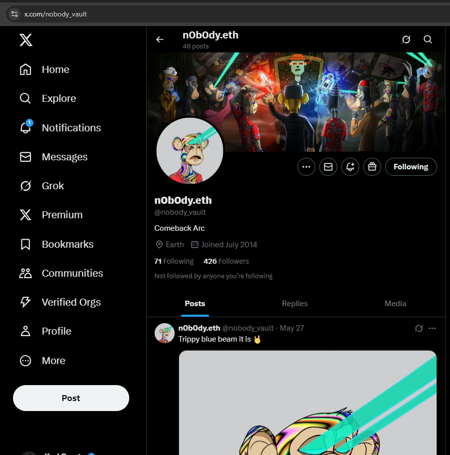 Post-edit state of the @nobody_vault X profile as of August 2025, with undeads.com references removed