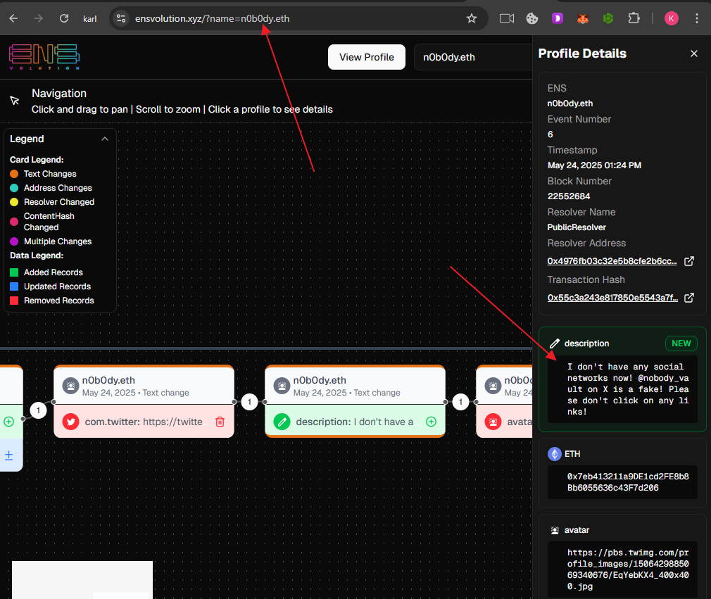 ENSvolution record showing n0b0dy.eth disassociating @nobody_vault from its ENS profile on 24 May 2025